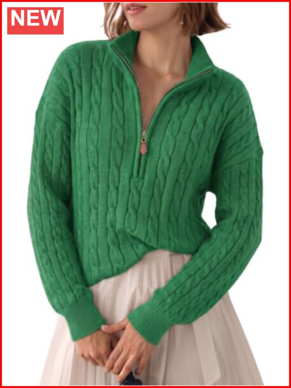 Quarter Zip Ribbed Cable Knit Pullover Sweater Mock Neck V Neck Long Sleeve